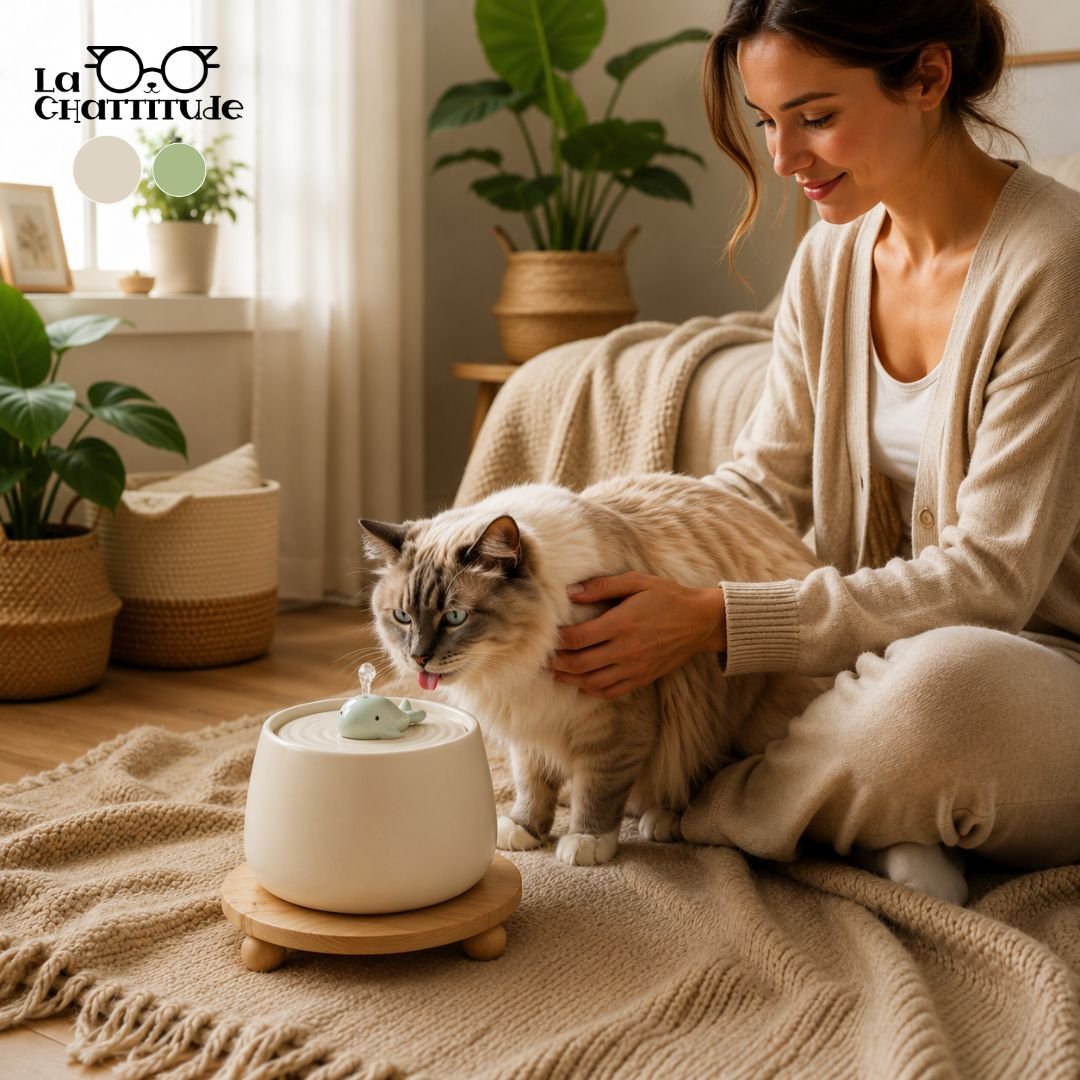FONTAINE A EAU CHAT - Céramique & Bois | CeramFountain™ - La Chattitude