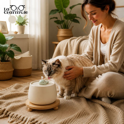 FONTAINE A EAU CHAT - Céramique & Bois | CeramFountain™ - La Chattitude