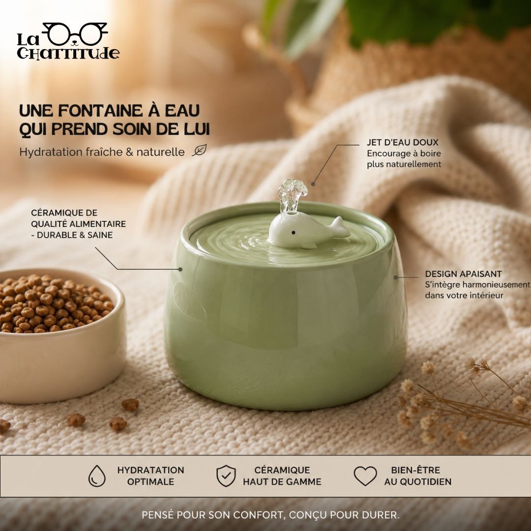 FONTAINE A EAU CHAT - Céramique & Bois | CeramFountain™ - La Chattitude